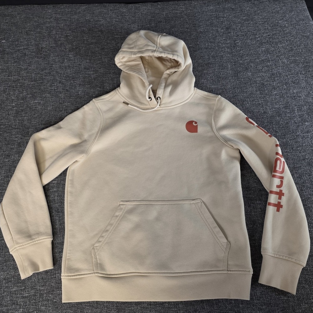 Carhartt Boys Medium 8/10 Midweight Logo Sleeve Hoodie Beige Cream Fleece